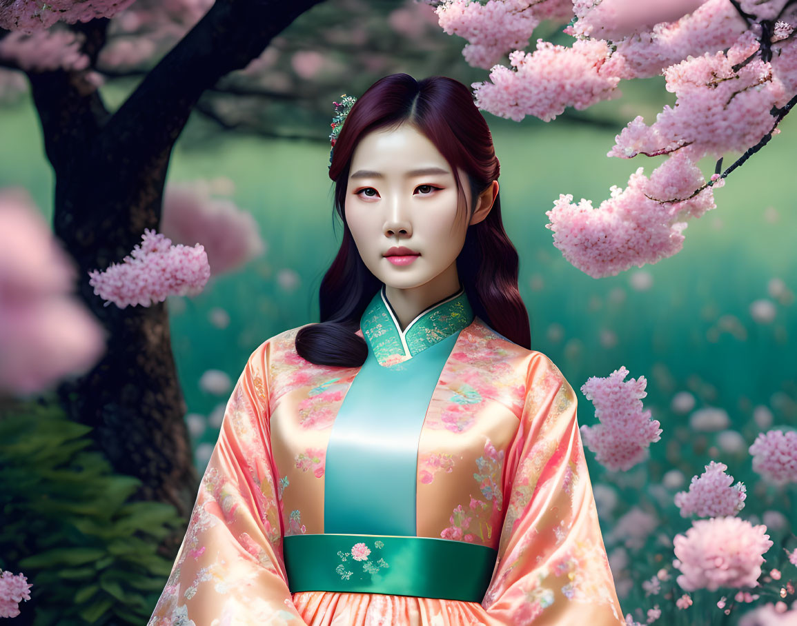 Traditional Korean woman in hanbok with cherry blossoms landscape