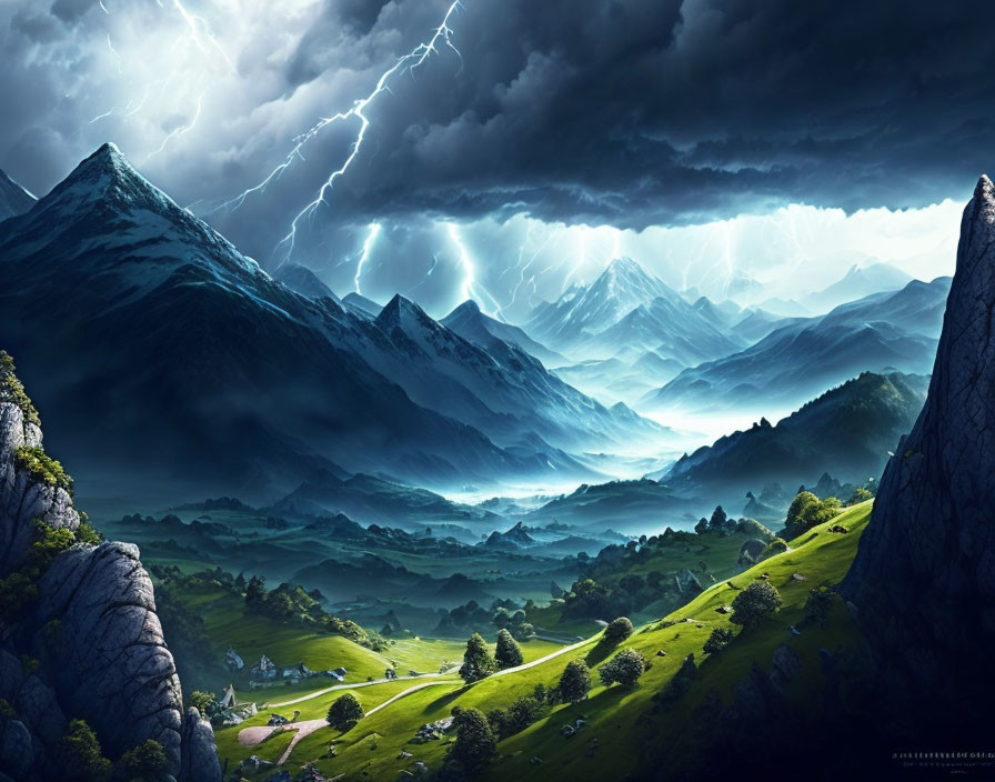 Dramatic landscape with lightning, mountains, village, and stormy sky