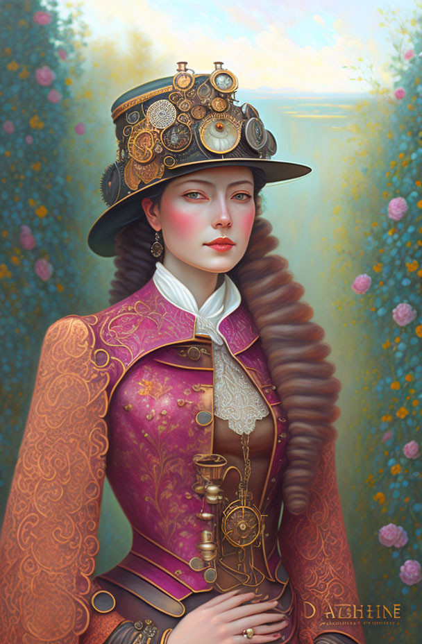 Steampunk-themed woman in Victorian coat with gear-adorned hat.