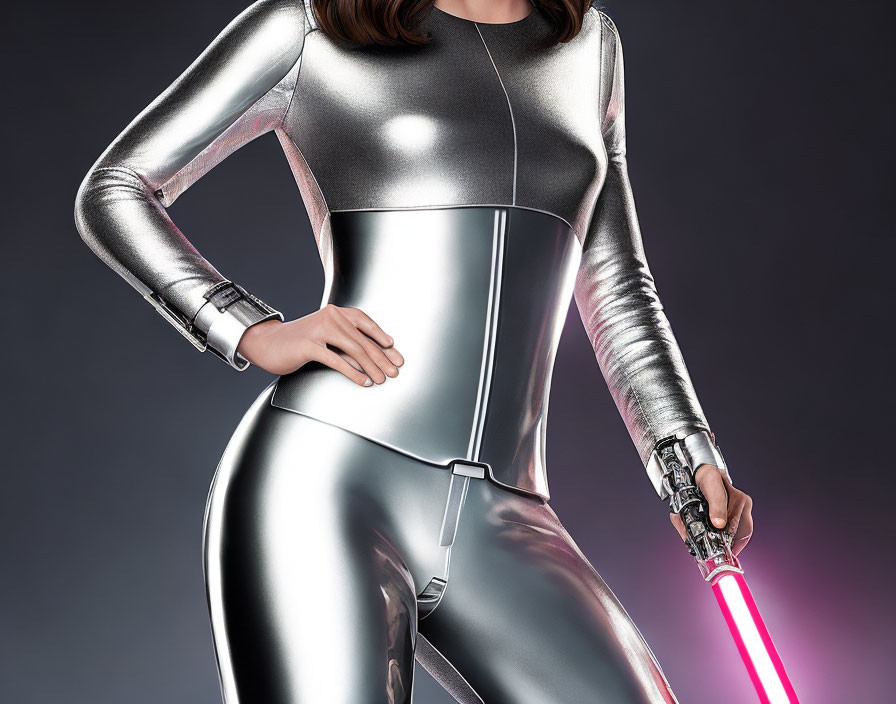 Futuristic silver bodysuit with red lightsaber on dark background