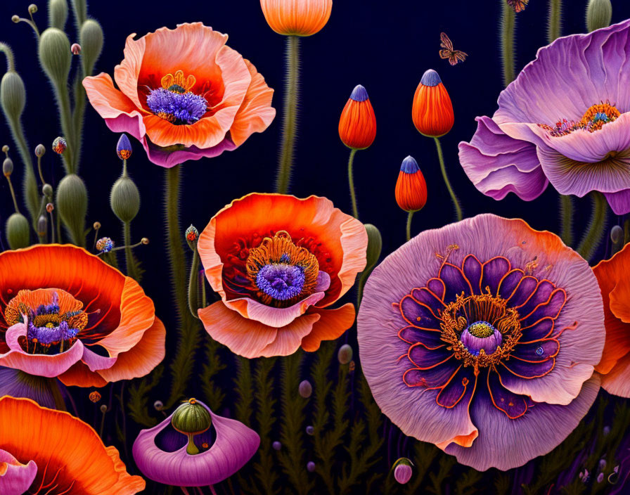 Colorful orange and purple poppies with intricate stamens on a dark background with flying insects.