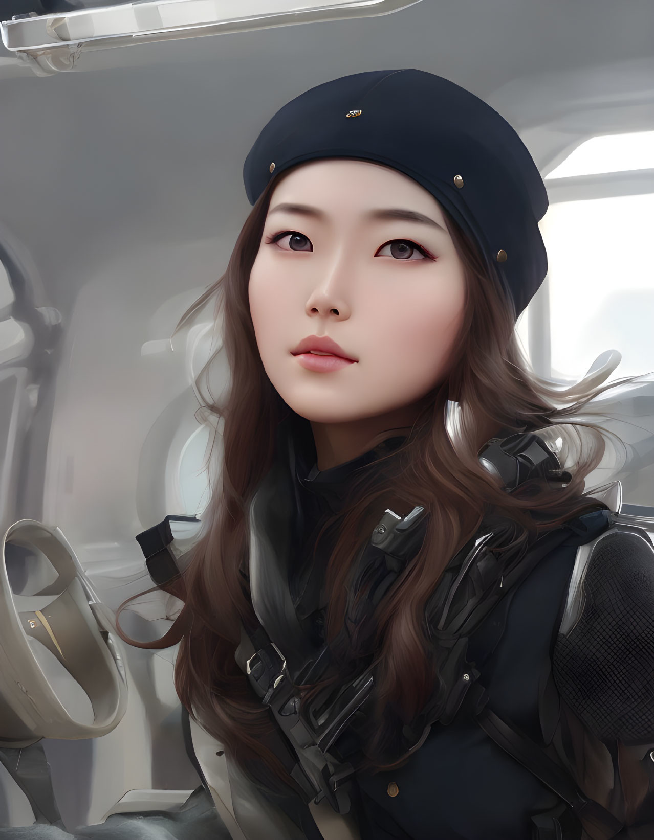 Digital artwork: Woman with long brown hair in black military-style uniform.