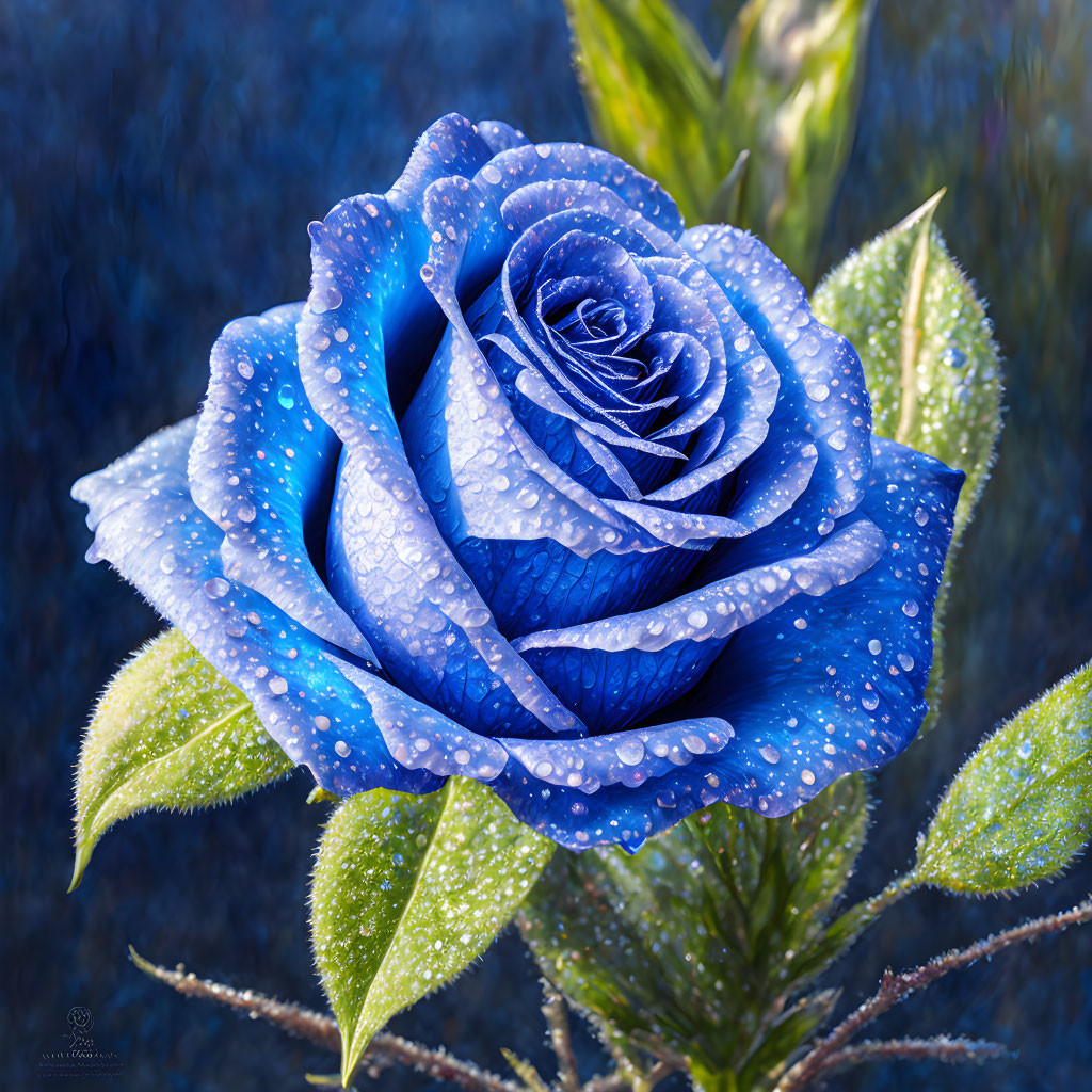 Vivid Blue Rose with Water Droplets on Dark Blue Background