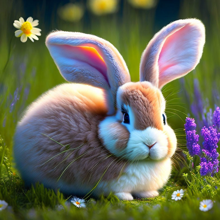 Fluffy bunny in vibrant field with flowers