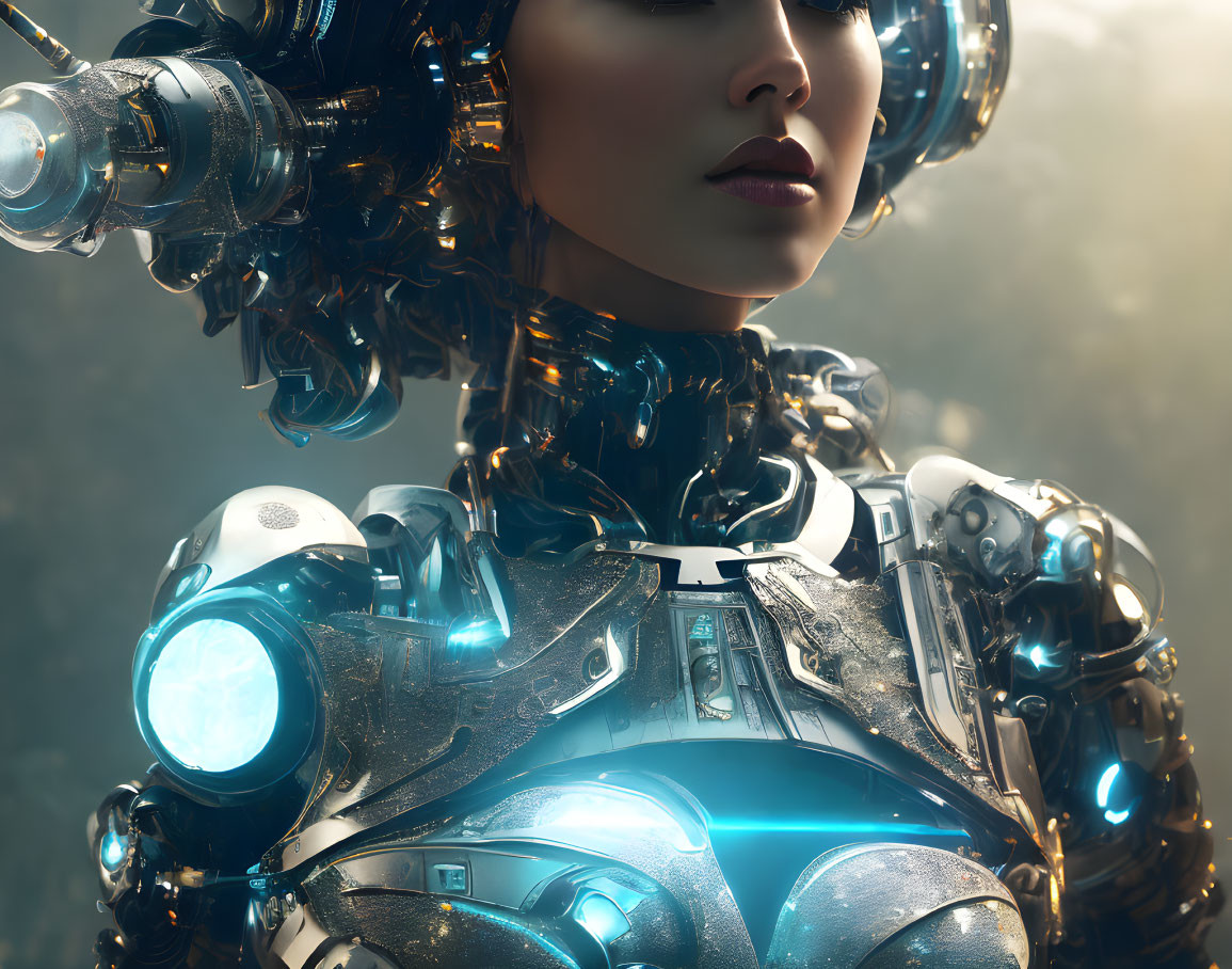 Futuristic Female Robot in Intricate Armor with Glowing Blue Lights