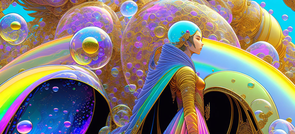 Vibrant digital artwork: stylized figure in ornate attire with bubbles and rainbows