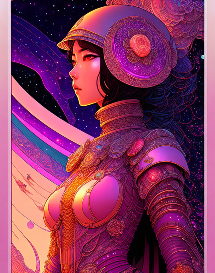 Illustration of woman in ornate armor with cosmic elements and vibrant pink and purple hues.