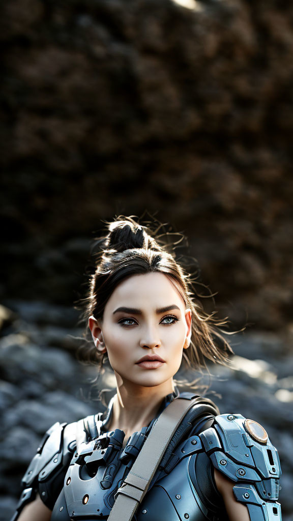 Detailed makeup and futuristic armored outfit on woman against rocky background