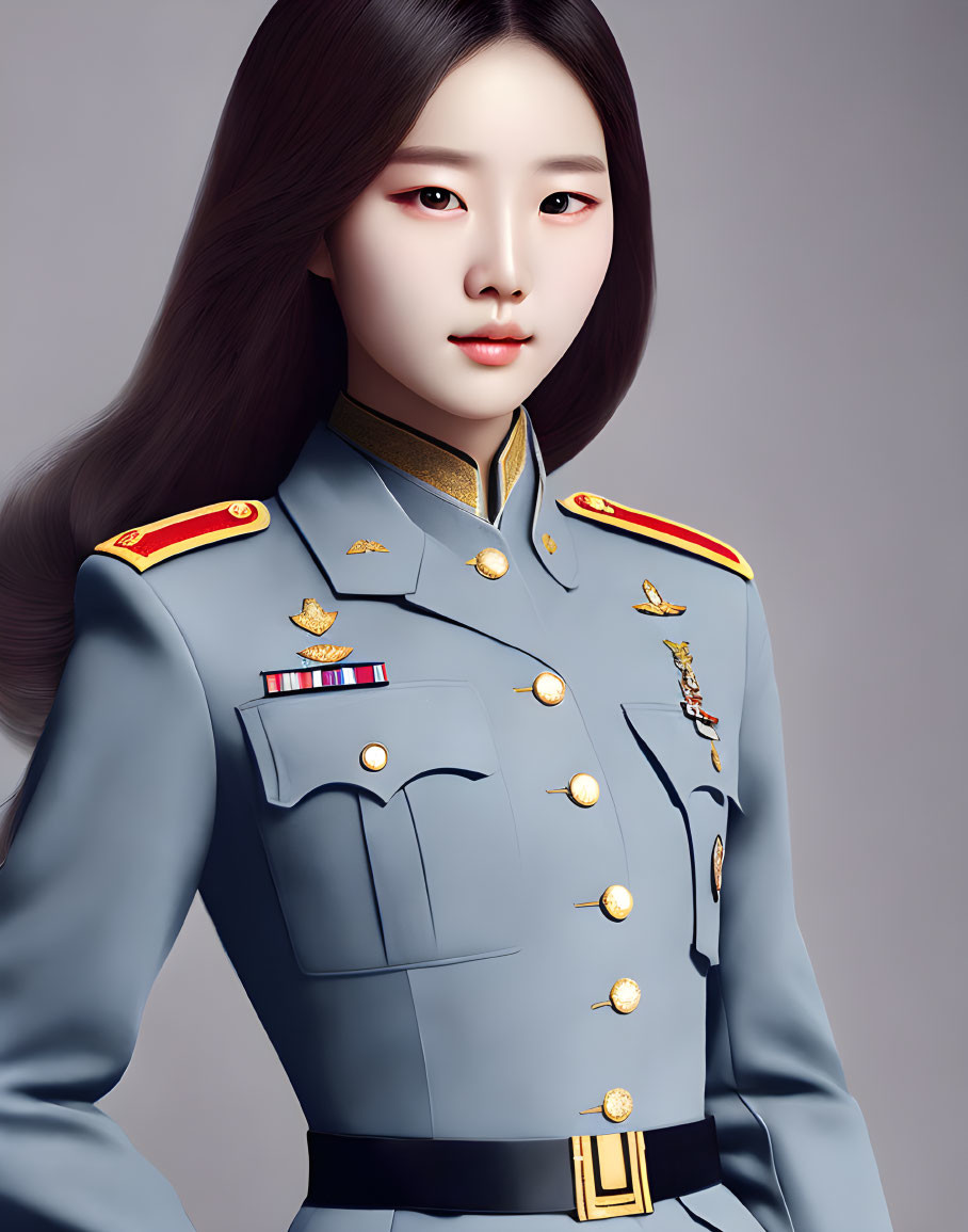 Digital artwork of woman in military-style uniform with gold buttons and red epaulettes on grey background