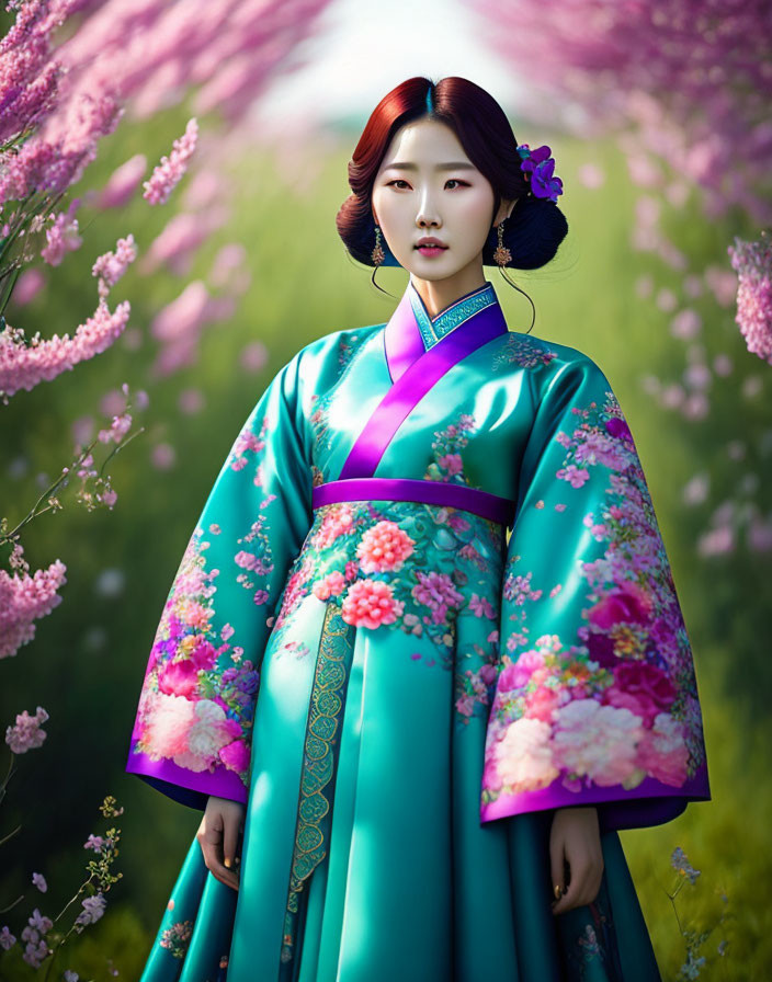 Traditional Korean Hanbok Worn by Woman Under Pink Blossom Canopy