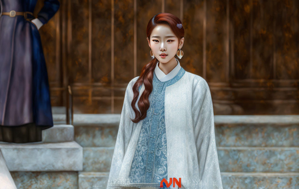 Traditional Korean Hanbok with Intricate Embroidery and Elegant Accessories