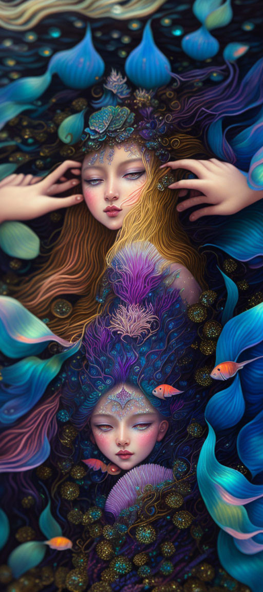 Fantastical illustration of figures with peacock-inspired headdresses