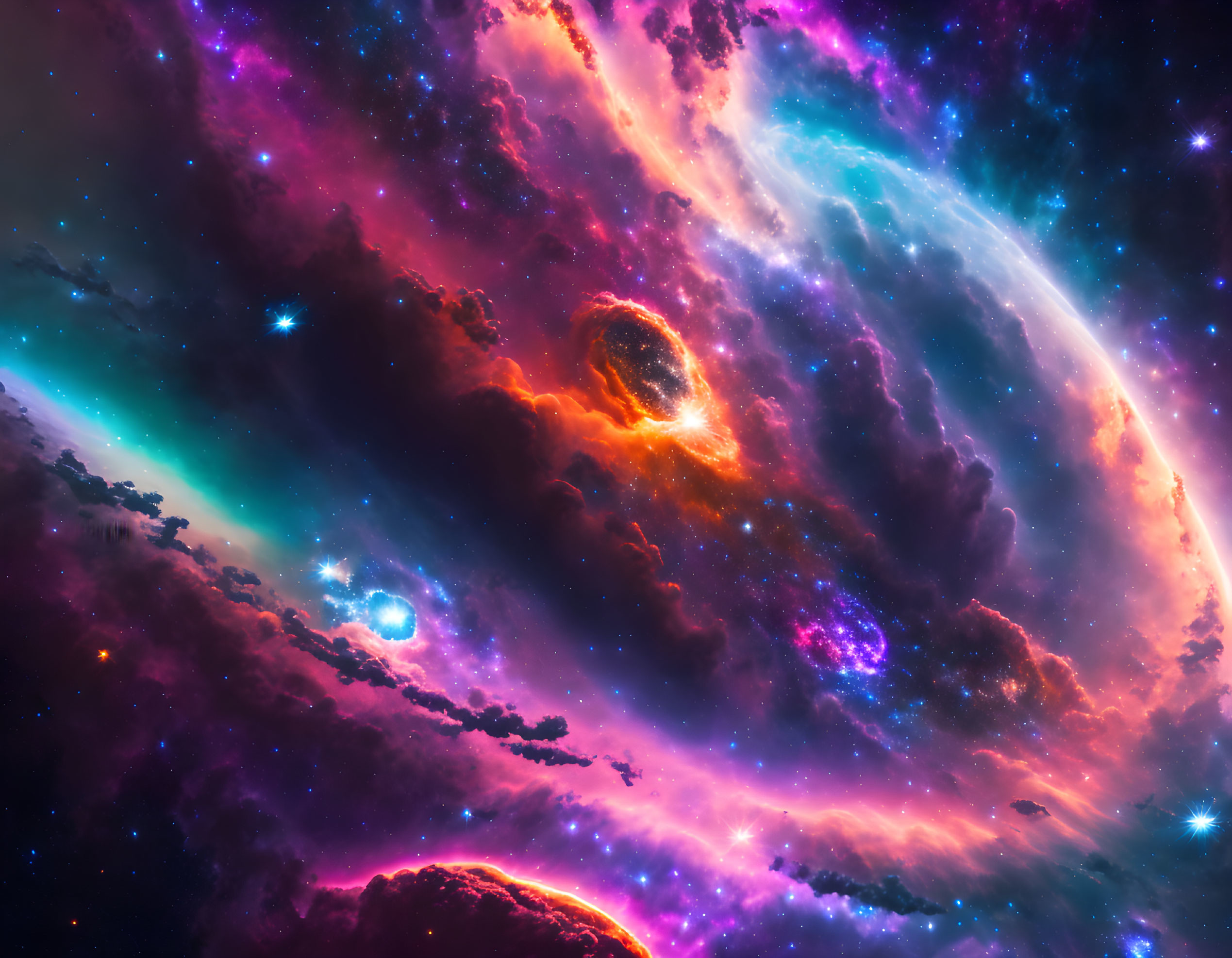 Colorful swirling galaxy with nebulous clouds and bright stars in cosmic scene