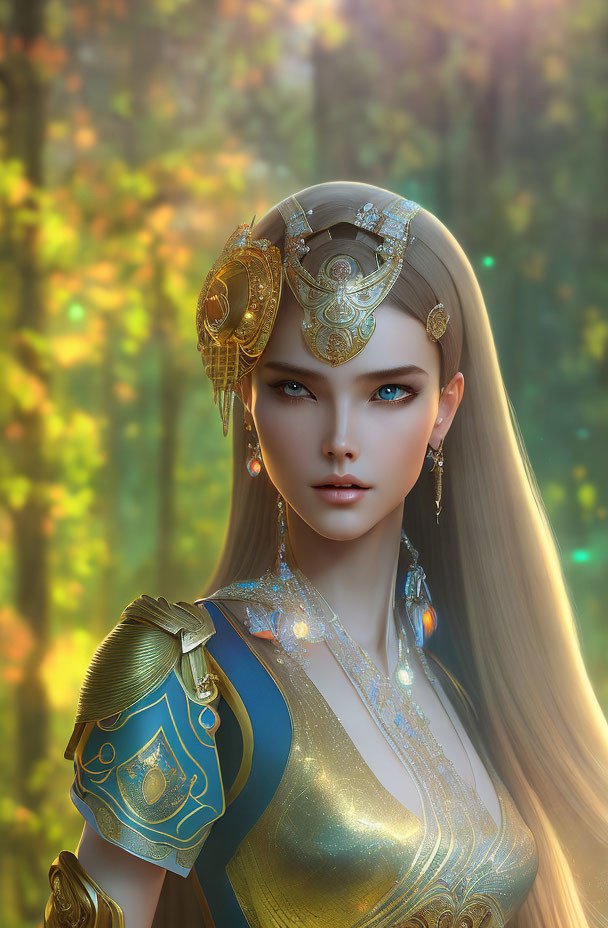 Fantasy female character with golden headgear in blue armor and mystical forest background