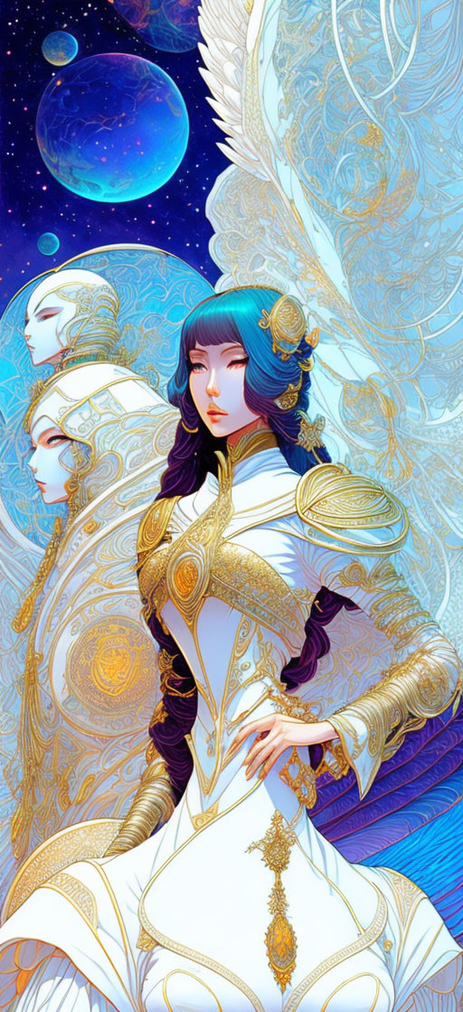 Stylized illustration of woman in white and gold attire against cosmic backdrop