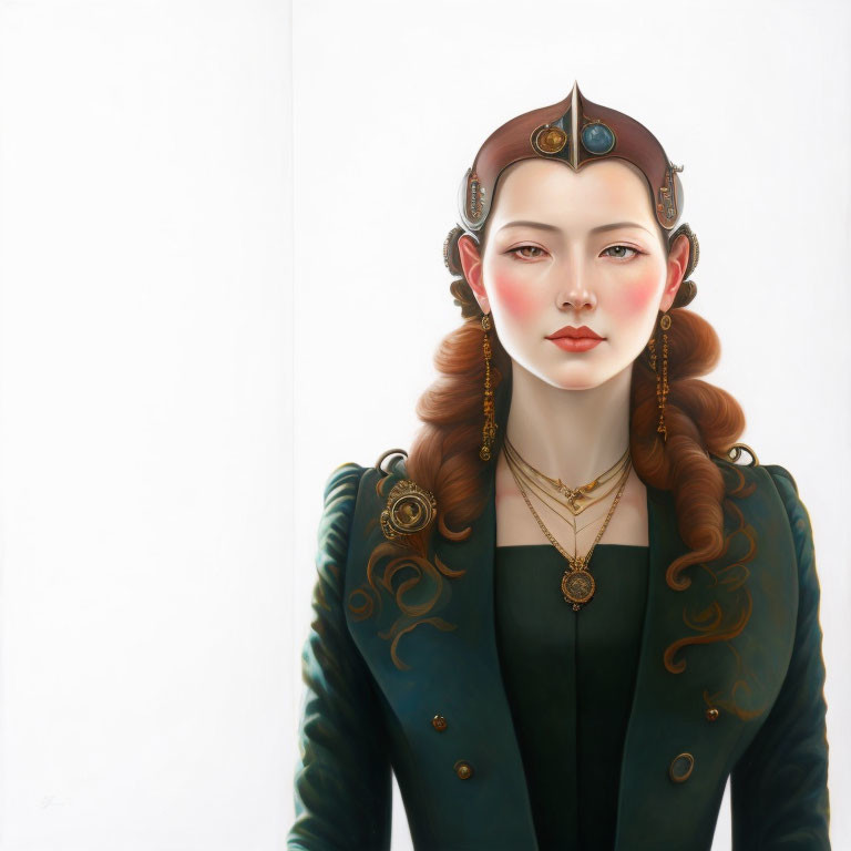 Illustrated portrait of a woman in steampunk headdress and elegant green jacket.