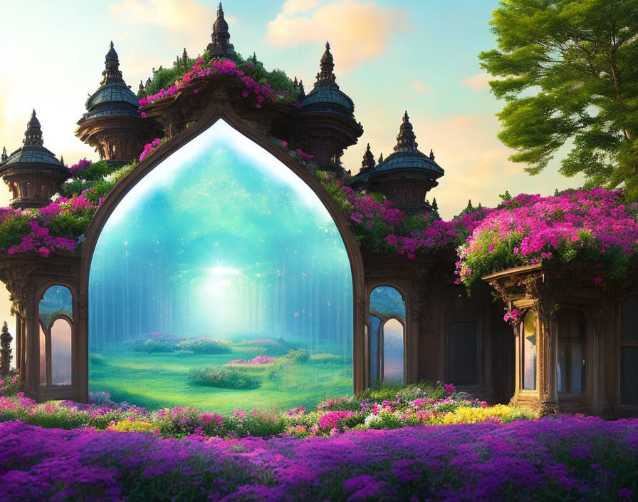 Enchanting Portal in Ornate Building Surrounded by Vibrant Flowers and Magical Forest