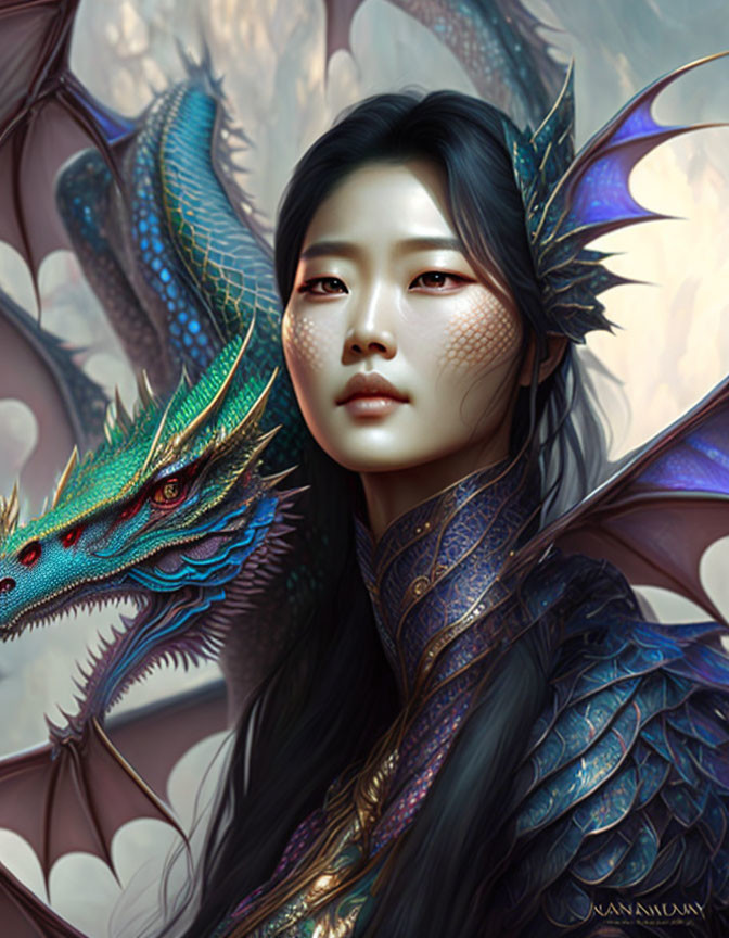 Woman with scale-like skin patterns accompanied by colorful dragon.