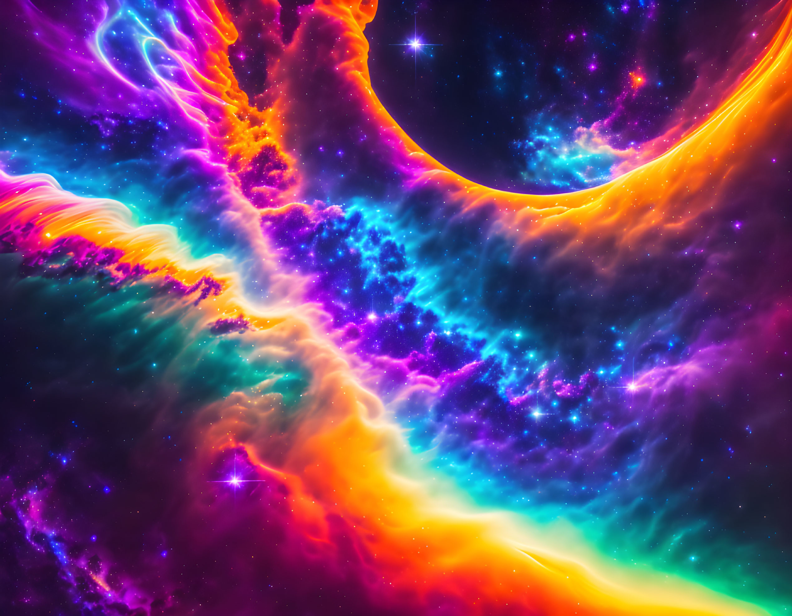 Colorful cosmic digital artwork with swirling nebulas and sparkling stars