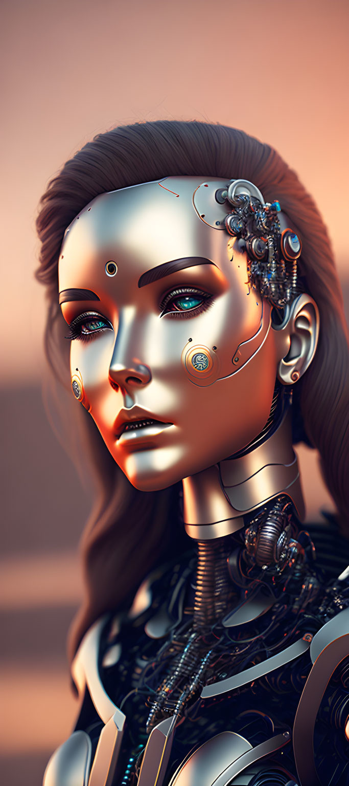 Female android with cybernetic enhancements and glowing blue eyes