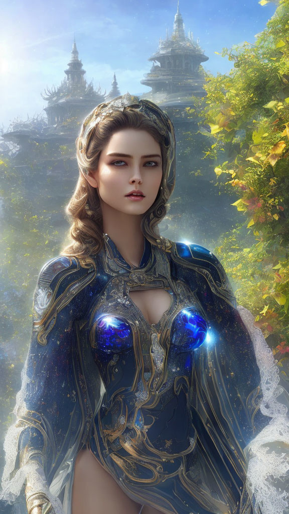 Regal woman with braided hair in blue and gold armor in lush garden