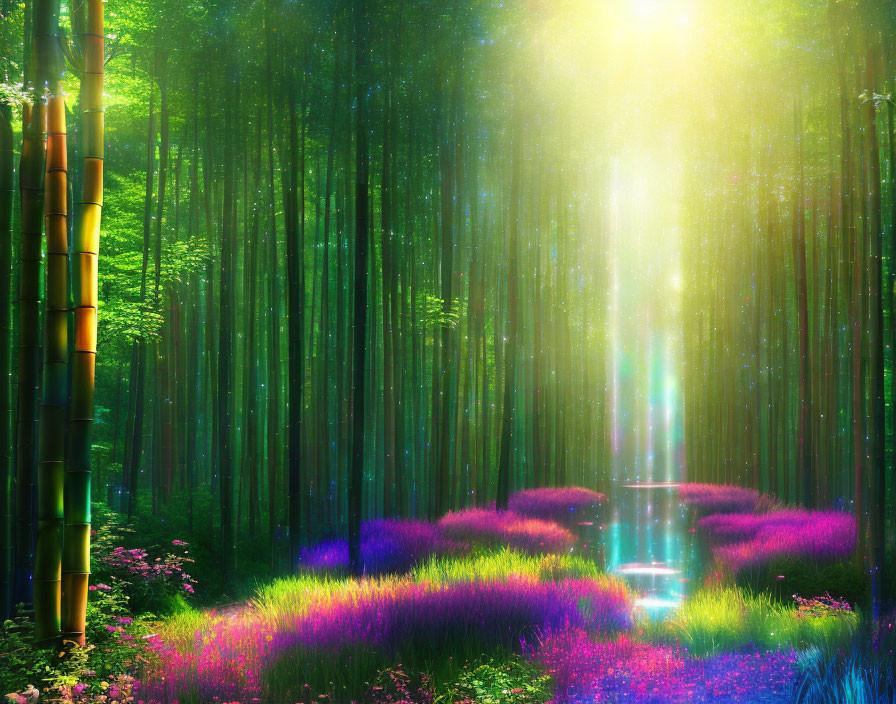 Bamboo Forest with Purple Flowers and Sunlight in Misty Atmosphere