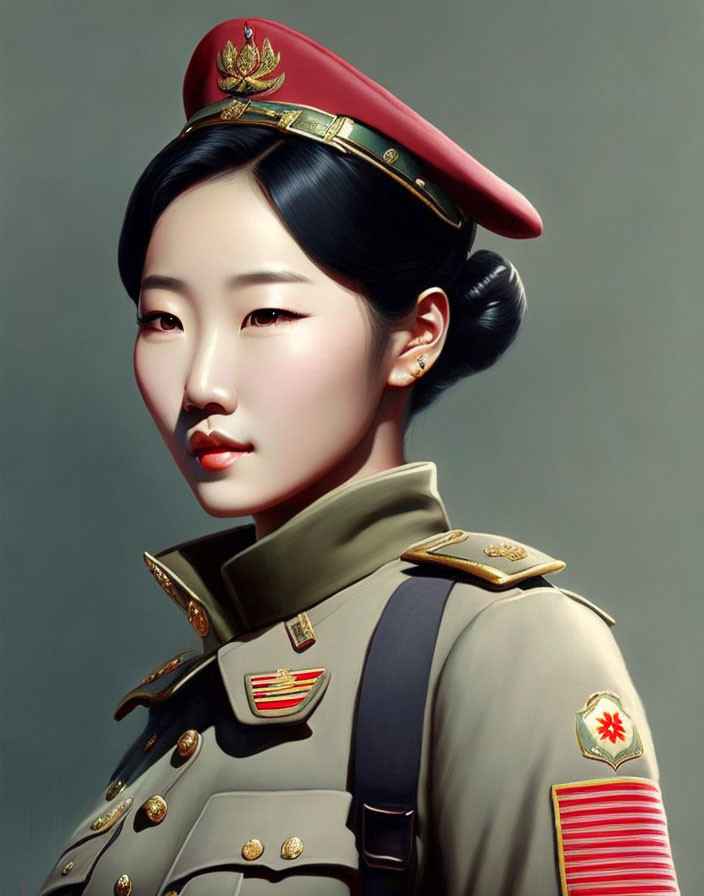 Stylized digital artwork of a woman in military uniform with red cap