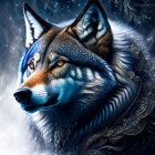 Majestic wolf digital artwork with intricate patterns and vibrant blue accents