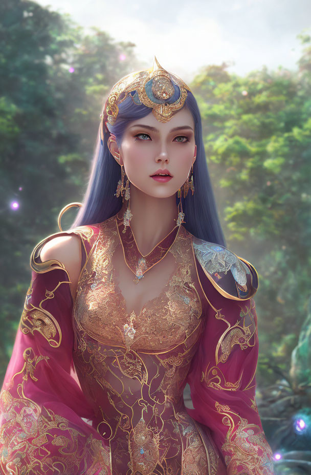 Fantasy female character with purple hair in golden headgear and pink attire in lush forest.