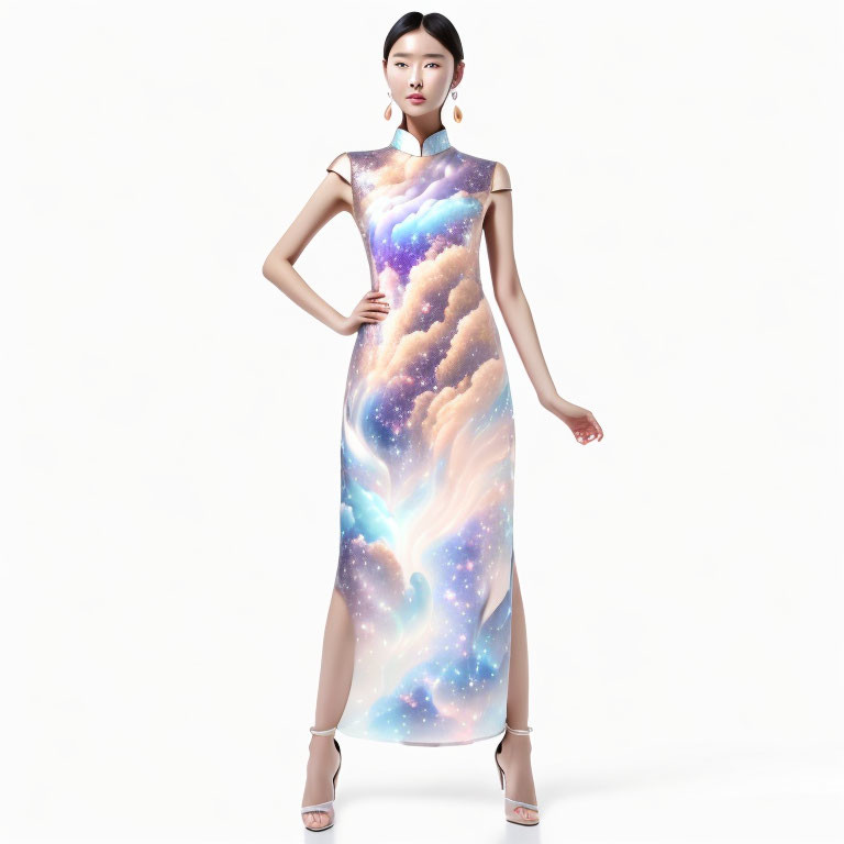 Galaxy-Print Dress with Sheer Cap Sleeves and Beige High Heels