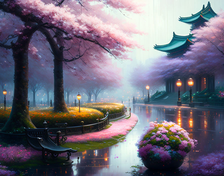 Tranquil park scene with cherry blossoms, traditional rooftops, street lamps, and dreamy