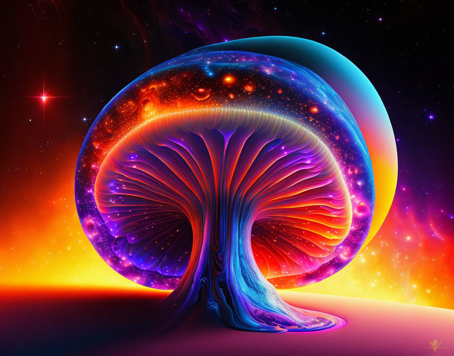 Colorful cosmic mushroom in starry space.