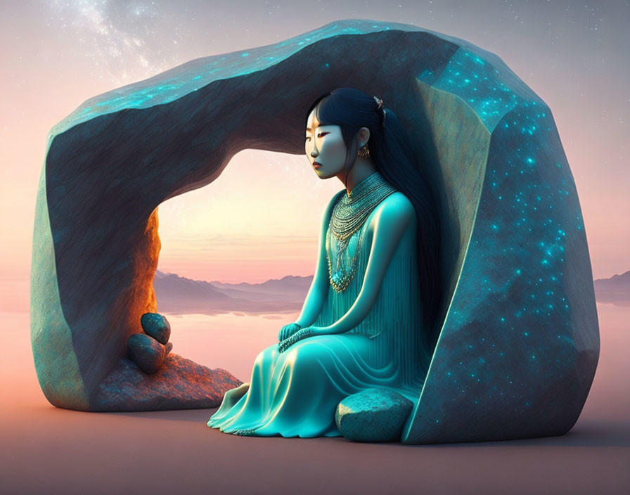 Illustration of blue-skinned woman meditating in cave with starry interior at sunset