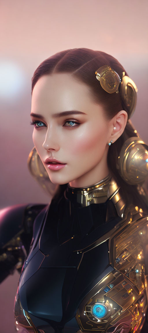 Futuristic woman in gold and black robotic armor on soft backdrop