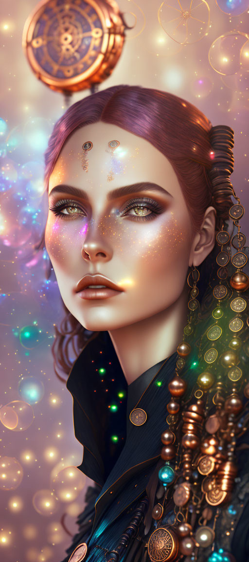 Cosmic-themed makeup portrait with golden gears and glowing particles