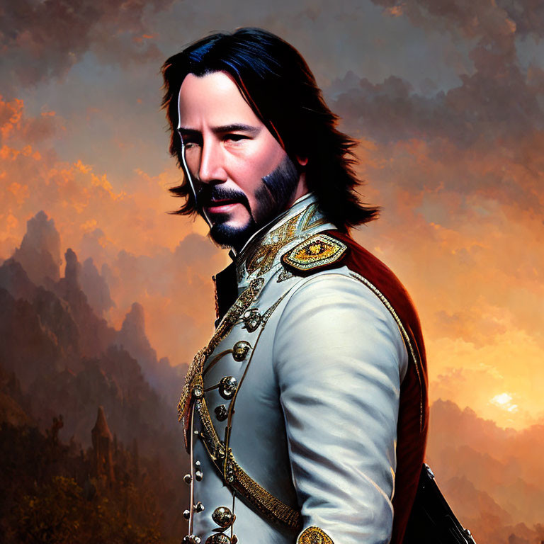 Man in historical military uniform with long hair and beard in portrait-style image