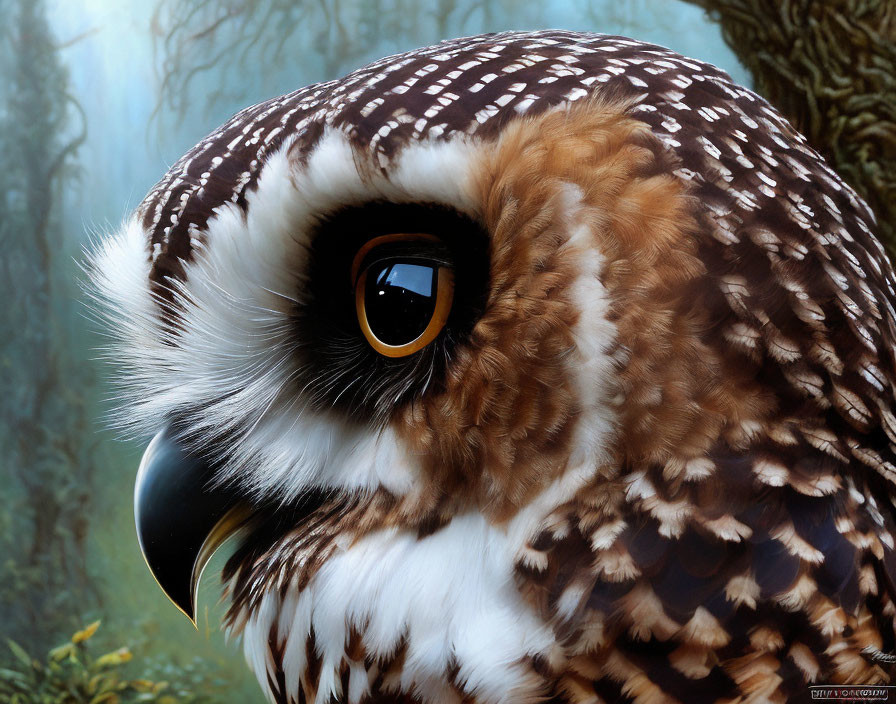 Brown owl with intricate feather patterns and sharp gaze in forest setting