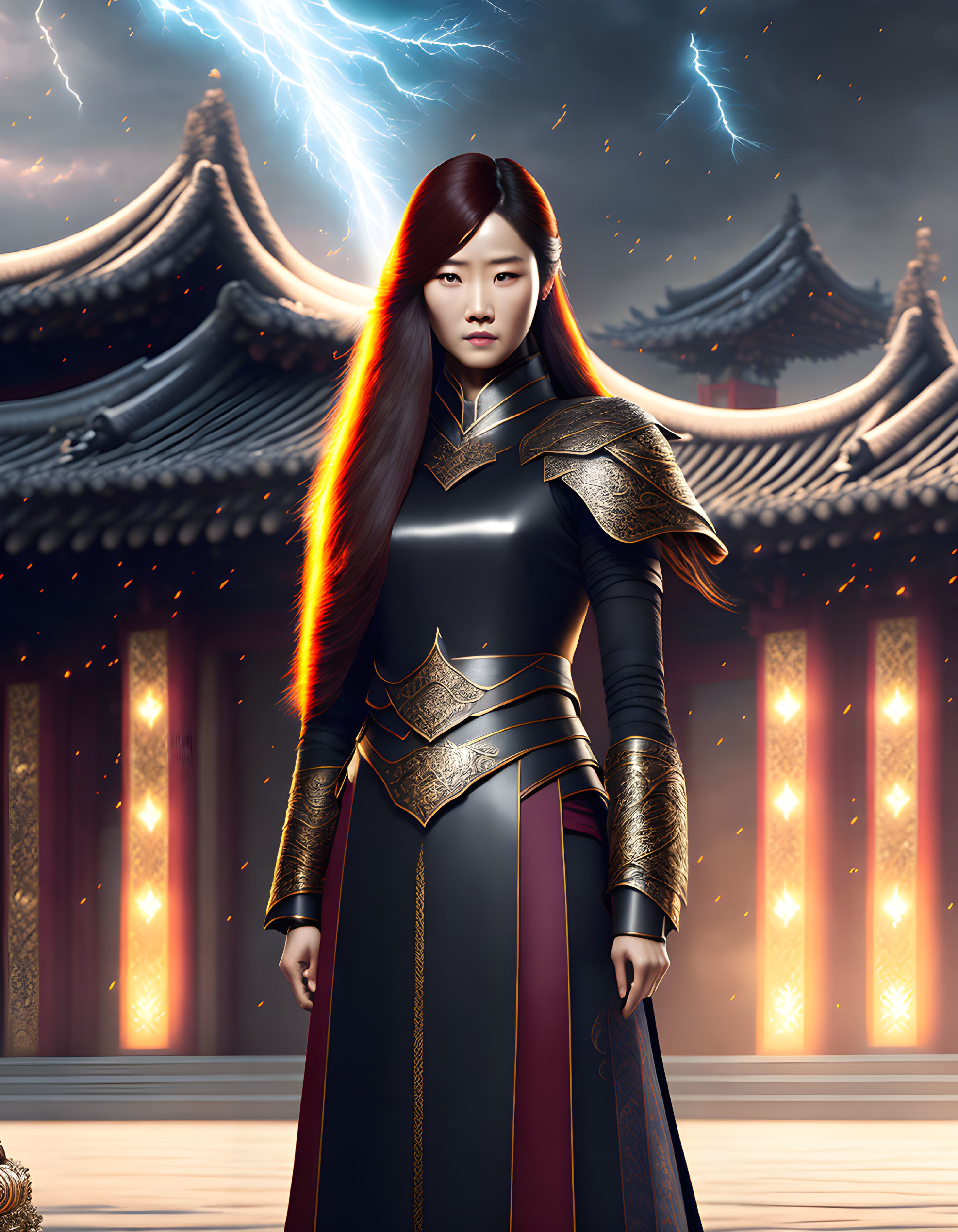 Warrior woman digital artwork with stylized armor and lightning background