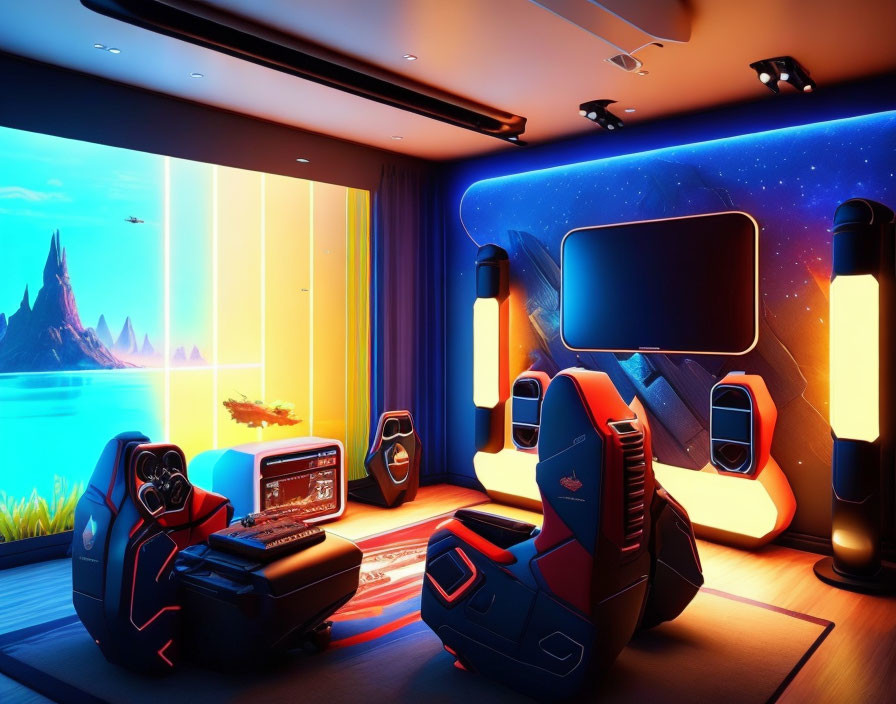 Futuristic gaming room with advanced chairs, vibrant lighting, and mountain view