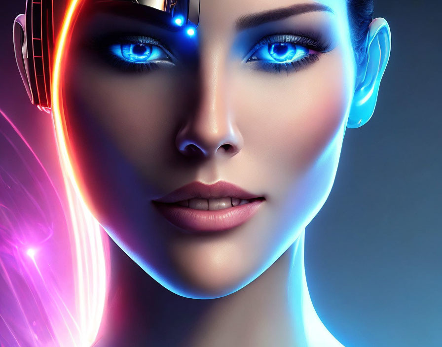 Female Cyborg with Blue Luminous Eyes and Glowing Pink and Purple Headgear