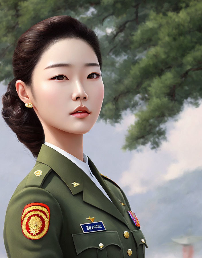 Digital artwork of woman in military uniform with styled hair against soft, cloudy background