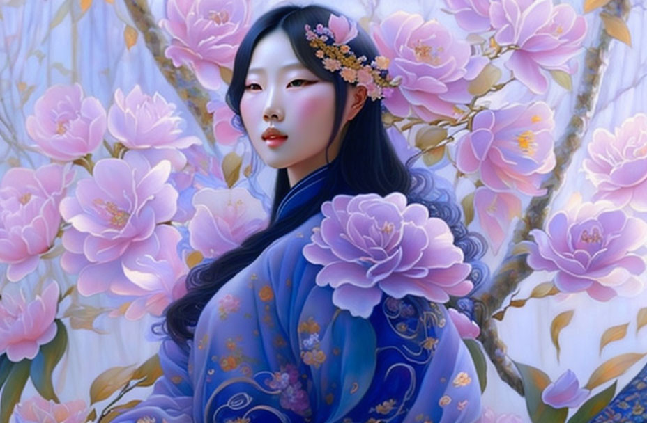 Illustrated woman with long black hair and pink flowers, in blue traditional outfit amidst detailed pink blossoms