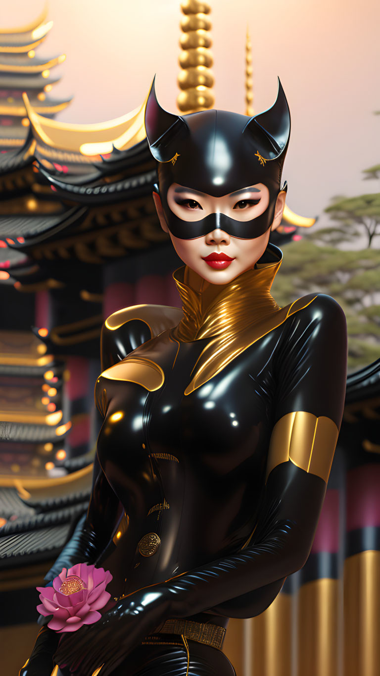 Stylized character in black and gold superhero costume with lotus flower in front of Asian pagoda