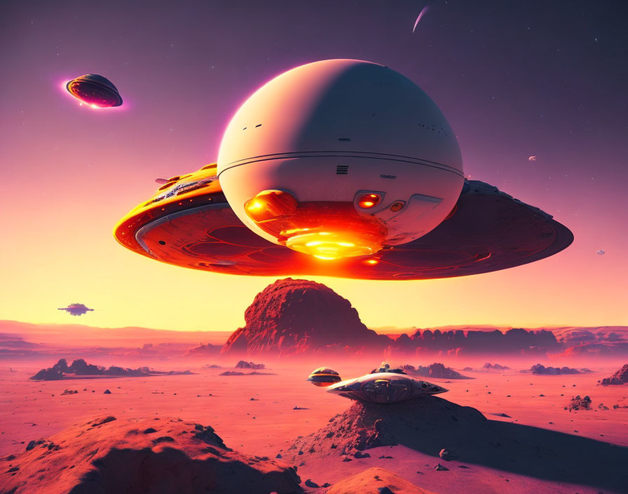 Surreal desert landscape with alien spacecraft under orange sky