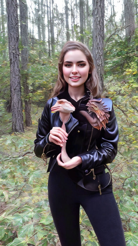 Smiling woman with dragon model in forest scene