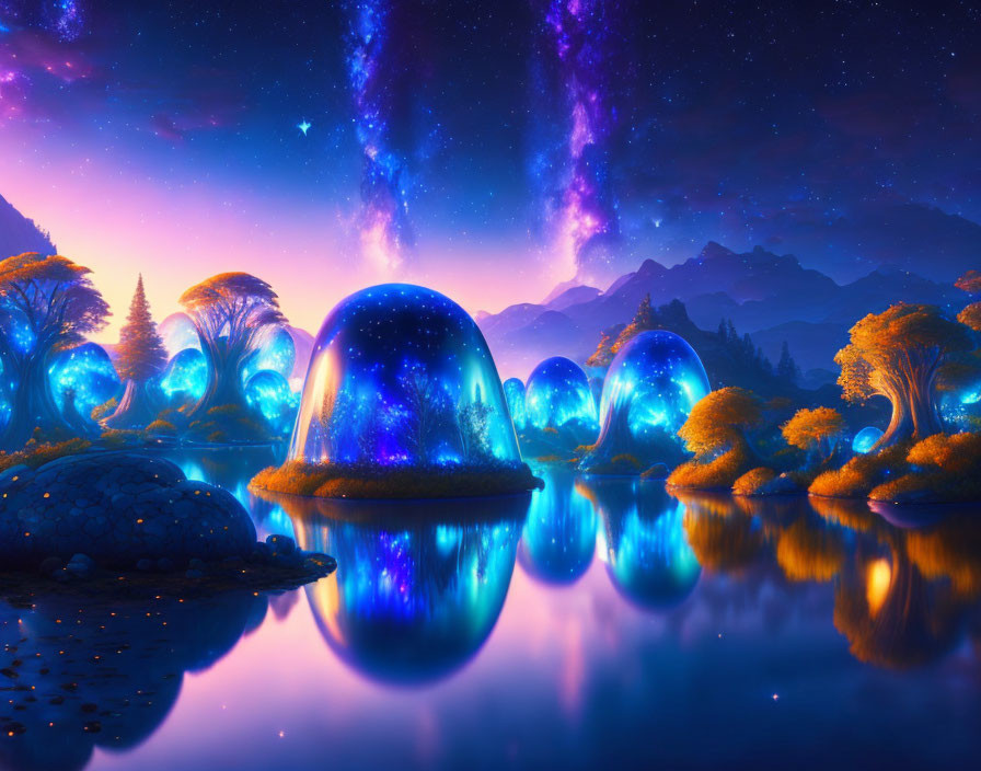 Vibrant fantasy night landscape with glowing trees, orbs, mountains, and purple nebulas