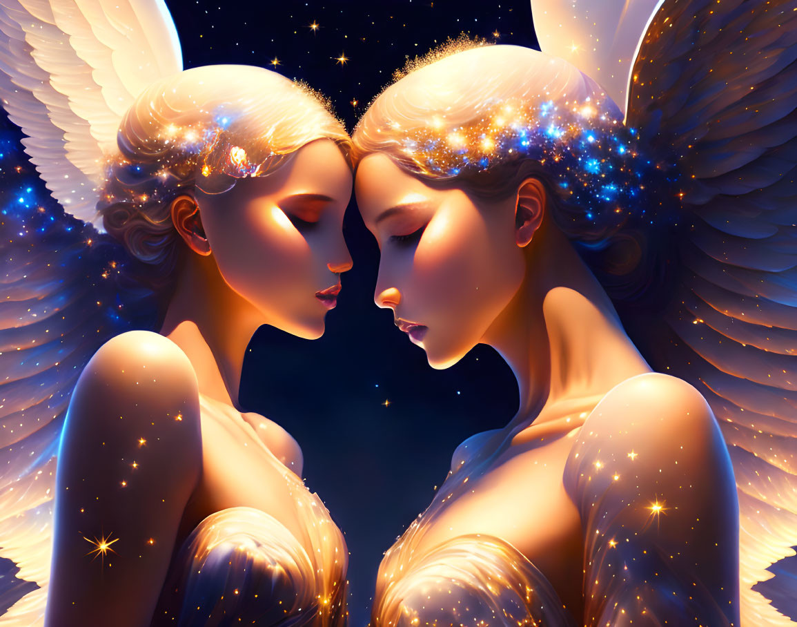 Angelic beings with glowing wings and starry hair touching foreheads in celestial setting