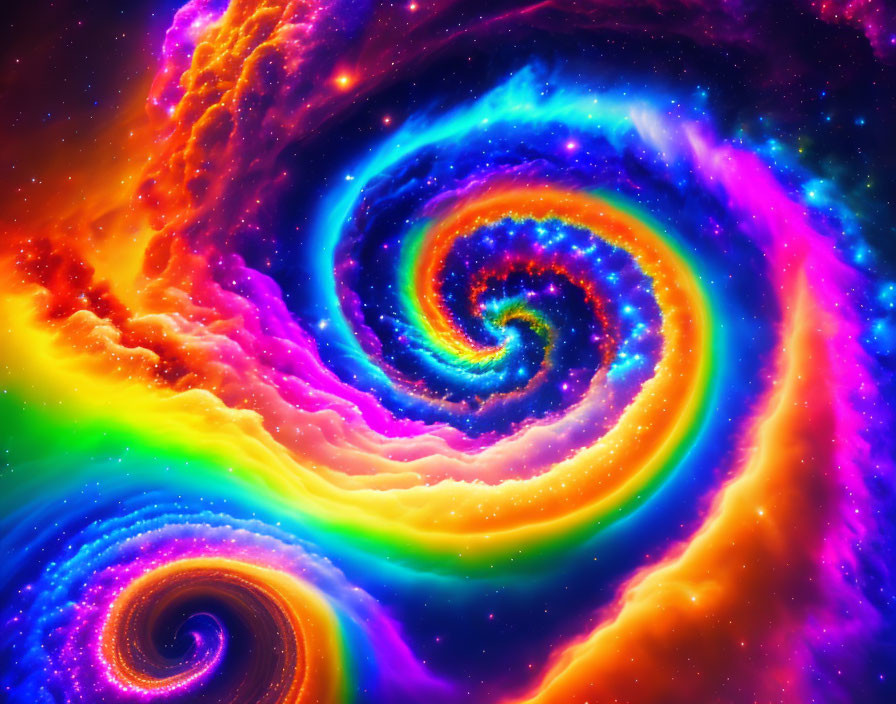 Colorful Spiral Galaxy with Blue, Purple, Pink, Orange, and Yellow Swirls