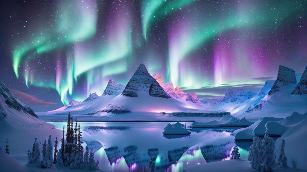 Nighttime Arctic Landscape: Aurora Borealis over Snowy Mountains