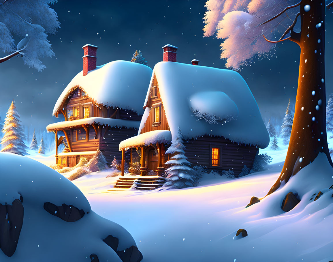 Snowy night scene: Cozy log cabin in glowing winter landscape